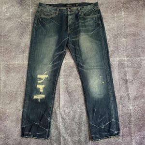 Mens Vintage Y2K Ed Hardy Dark Blue Denim Button Fly Distressed Jeans Sz 38 X 34