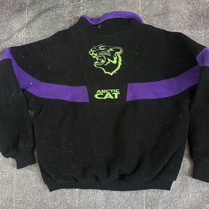 Men's Vintage 90's Arctic Cat Snowmobiles Purple Black Fleece Bomber Jacket Sz M image 4