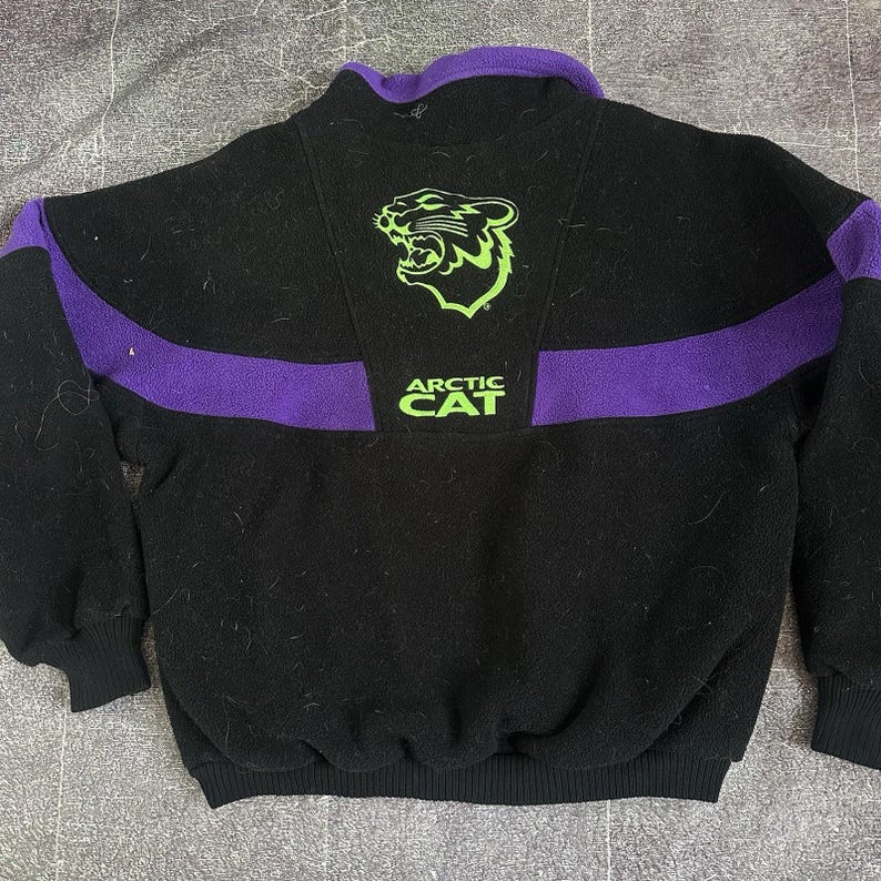 Men's Vintage 90's Arctic Cat Snowmobiles Purple Black Fleece Bomber Jacket Sz M image 4