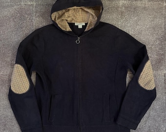 Womens Vintage Y2K Pendleton Navy Blue Zip Up Elbow Patch Hoodie Sweatshirt Sz L