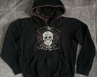 Sudadera con capucha y cremallera completa negra con corte y costura Marc Ecko vintage Y2K para mujer, talla M