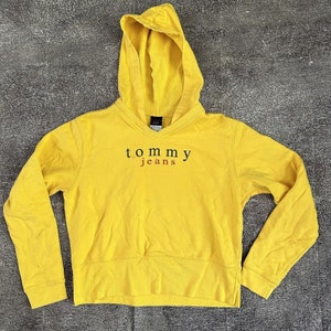 Women&#39;s Vintage Y2K Tommy Hilfiger Jeans Yellow Cropped Hoodie Sweatshirt Sz L