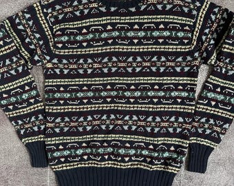 Vintage jaren 90 heren Polo Ralph Lauren marineblauwe tribal Azteekse trui met ronde hals, maat XL