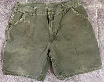 Męskie, vintage'owe, Y2K, Carhartt Washed Duck, 9" szorty robocze z płótna w kolorze mchu i zieleni, rozmiar 36