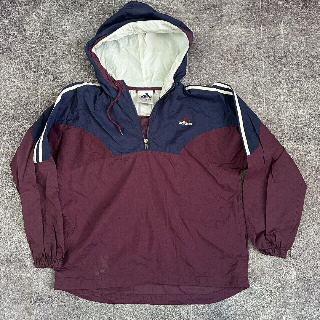Men's Vintage 90s Adidas 1/4 Zip Maroon Navy Blue Hooded