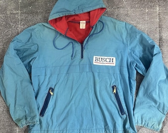 Men's Vintage 80's Busch Beer Budweiser USA Blue Hooded Fleece Lined Jacket Sz M