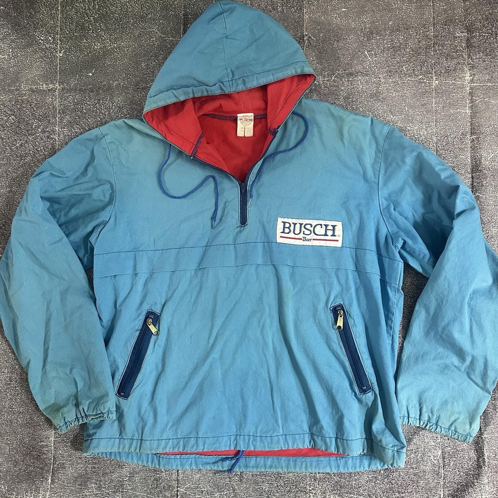 Men's Vintage 80's Busch Beer Budweiser USA Blue Hooded Fleece