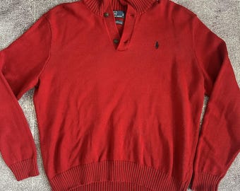 Men's Vintage 90's Polo Ralph Lauren Red Henley Knit L/S Pullover