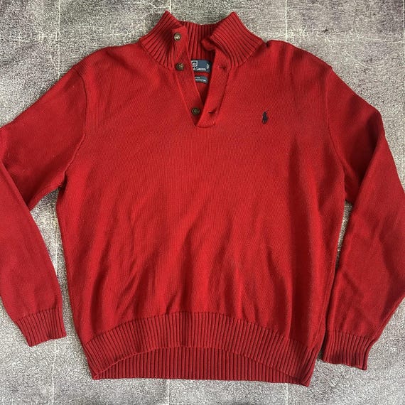 Men's Vintage 90's Polo Ralph Lauren Red Henley Knit L/S Pullover