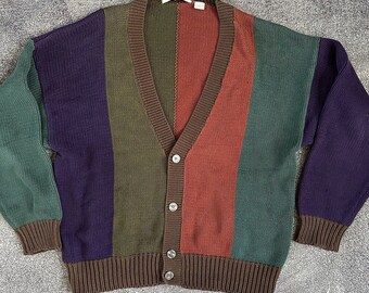 Men's Vintage 90s Perry Ellis Color Block Purple Cardigan Button Up Sweater Sz L