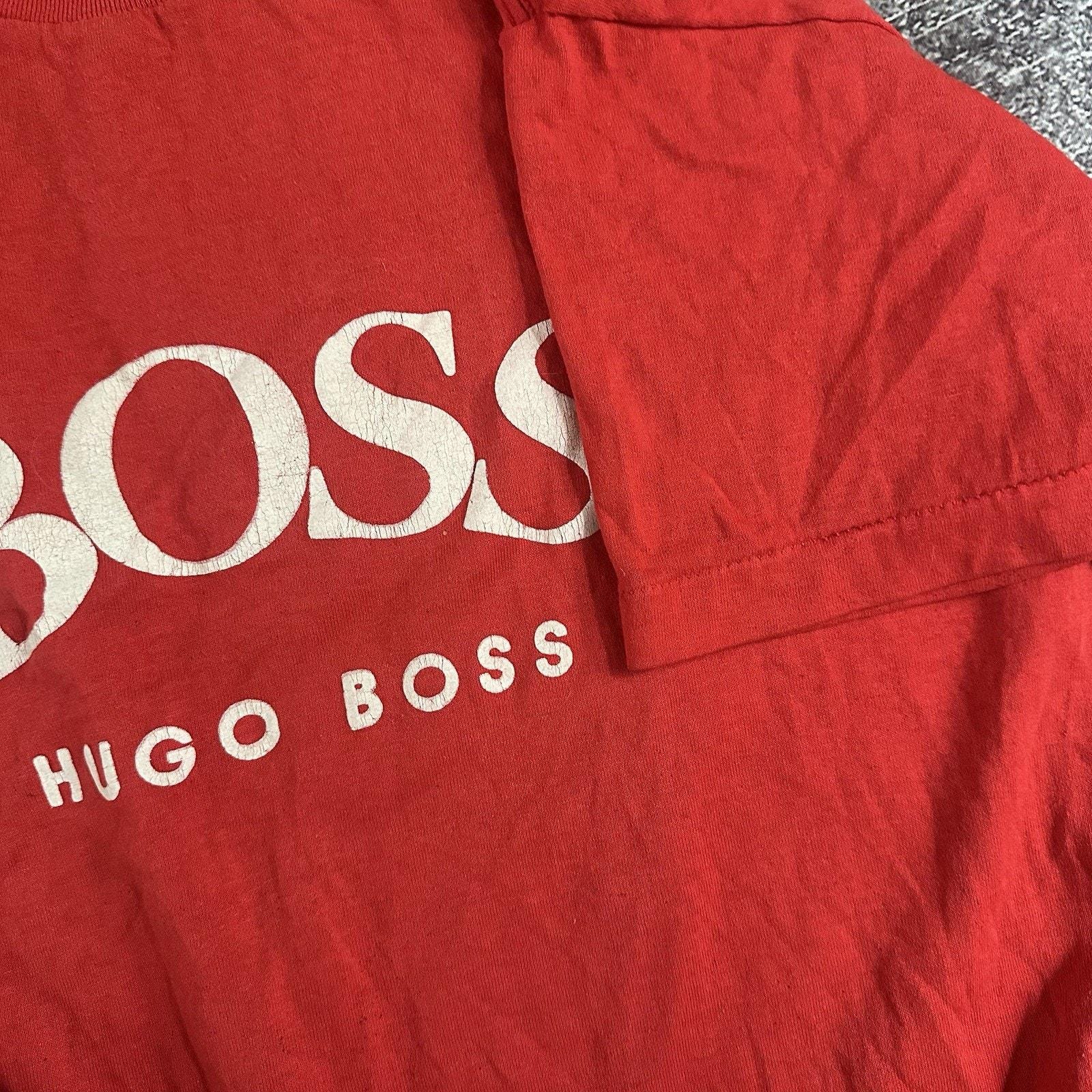 Men's Vintage 80's Hugo Boss Sports Red White Spell Out Graphic T