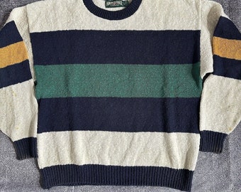 Mens Vintage American Eagle Navy Blue Green White Striped Fisherman Sweater Sz L