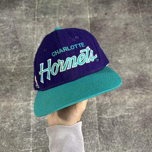 May include: A purple and teal baseball cap with the text "Charlotte Hornets" embroidered on the front.