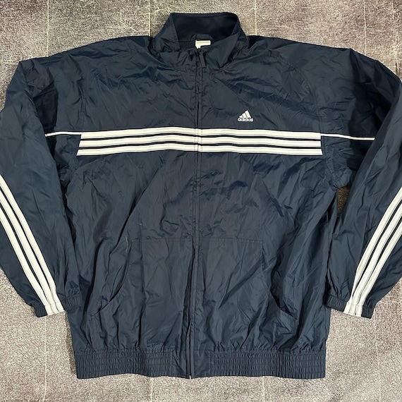 Men's Vintage Y2K Adidas Navy Blue White 3 Stripe Windbreaker