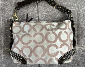 Frauen Vintage Y2K Coach Carly Hobo Jacquard Monogramm Rosa Schultertasche Geldbörse