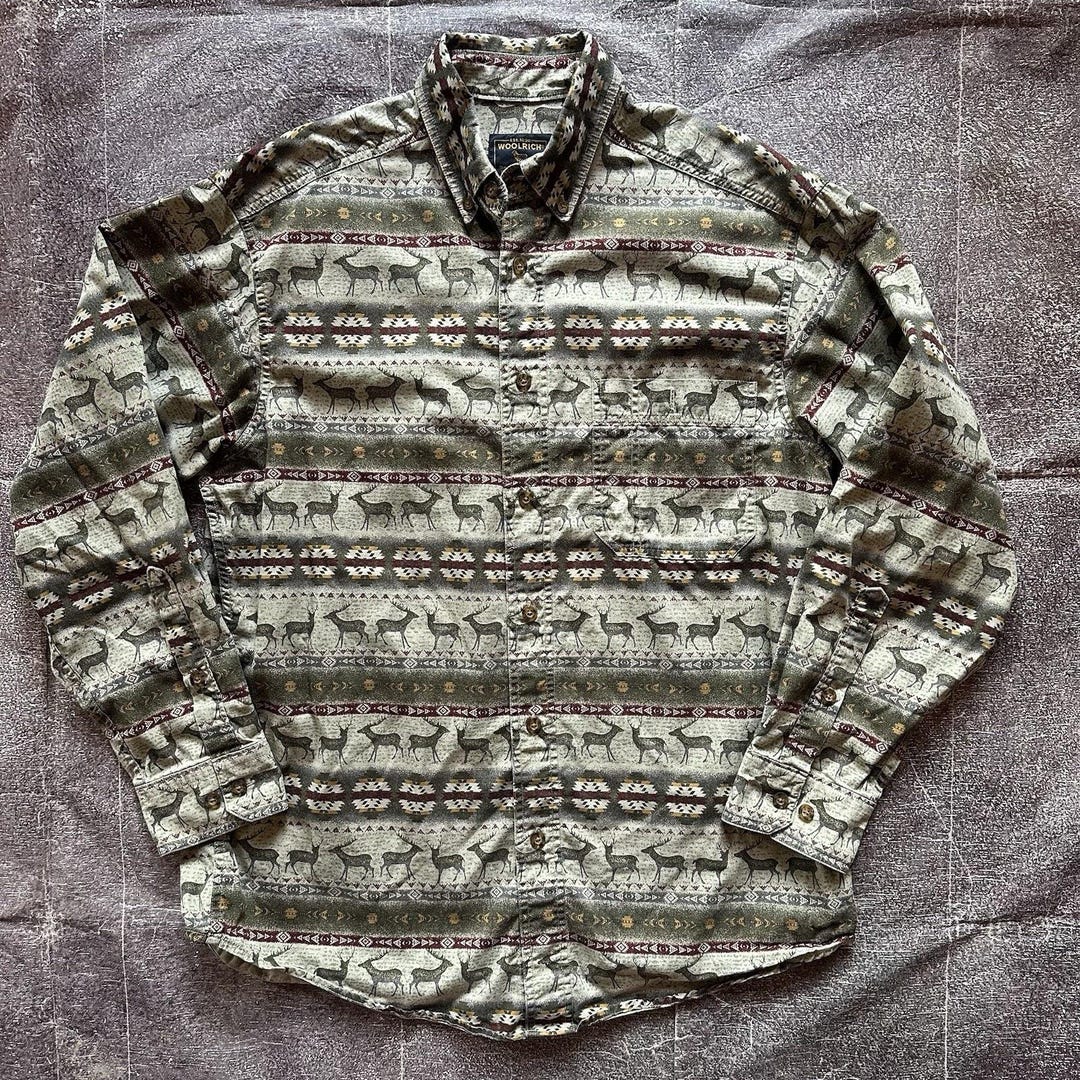 Men's Vintage Woolrich Elk Deer Aztec All Over Print Button up Long ...