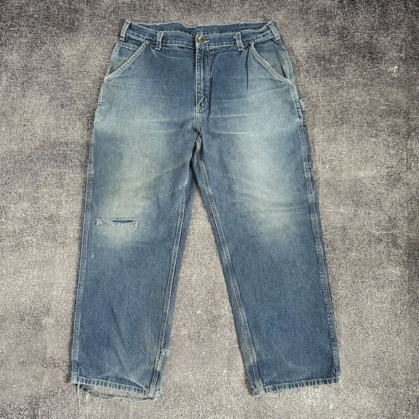 Men's Vintage 90s Carhartt Wide Leg Distressed Denim Skate Blue Jeans Sz 33 X 33