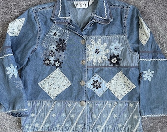 Women's Vintage 90s Keren Hart Button Up Patchwork Denim Chore Coat Jacket Sz XL