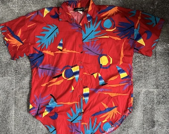 Men's Vintage 90s By Krush Red Hawaiian Sail Boat All Over Print Polo Shirt Sz M