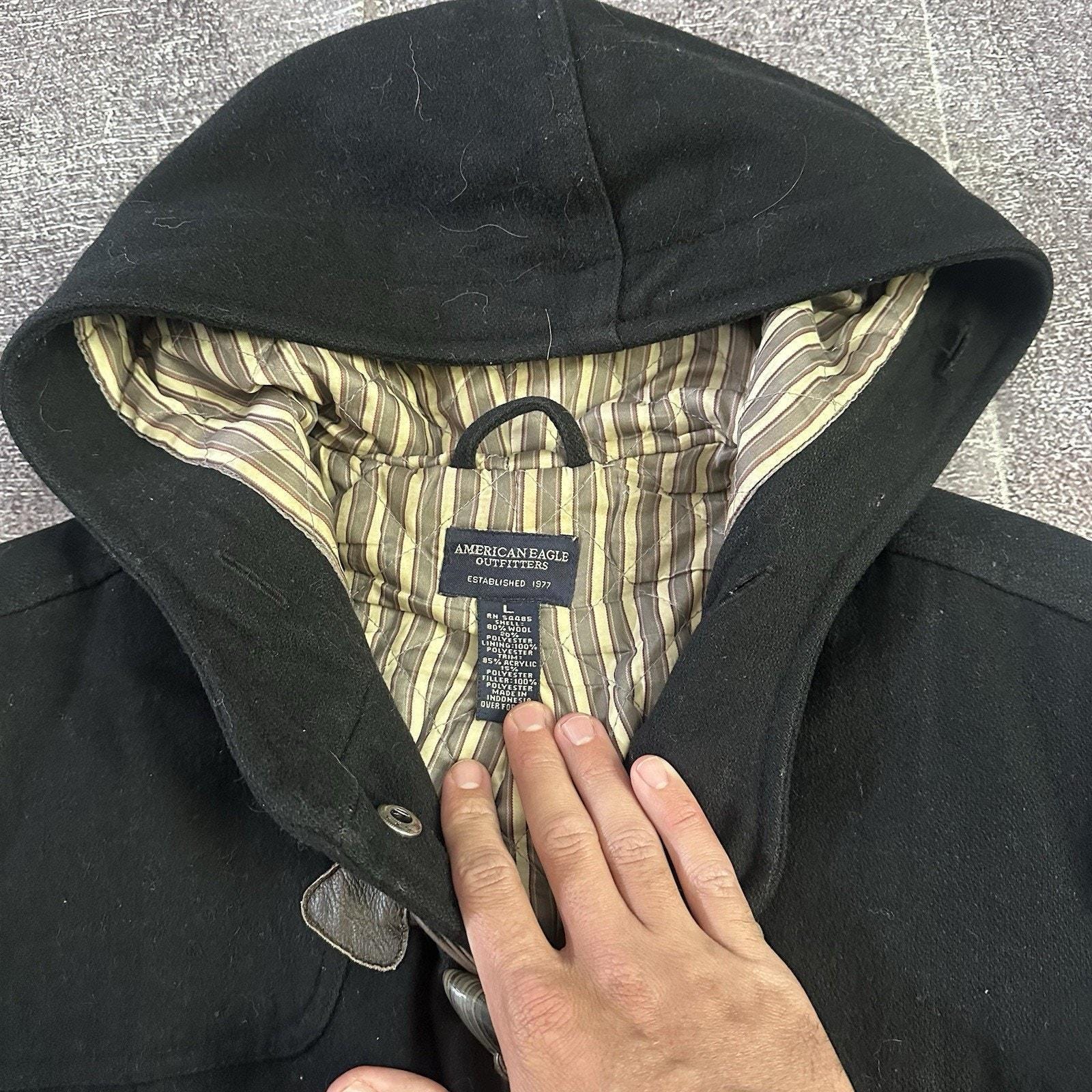 Women's Vintage Y2K American Eagle Black Wool Toggle Hooded Pea