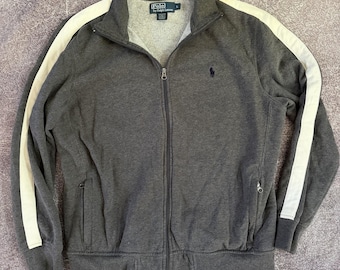 Sudadera vintage de hombre de los años 90 de Polo Ralph Lauren, gris jaspeado, con cremallera y rayas, talla L