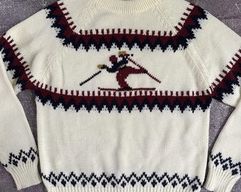 Herren Vintage 80er Alpin Acryl Strick Weiß Ski Berg Rundhalspullover Sz L