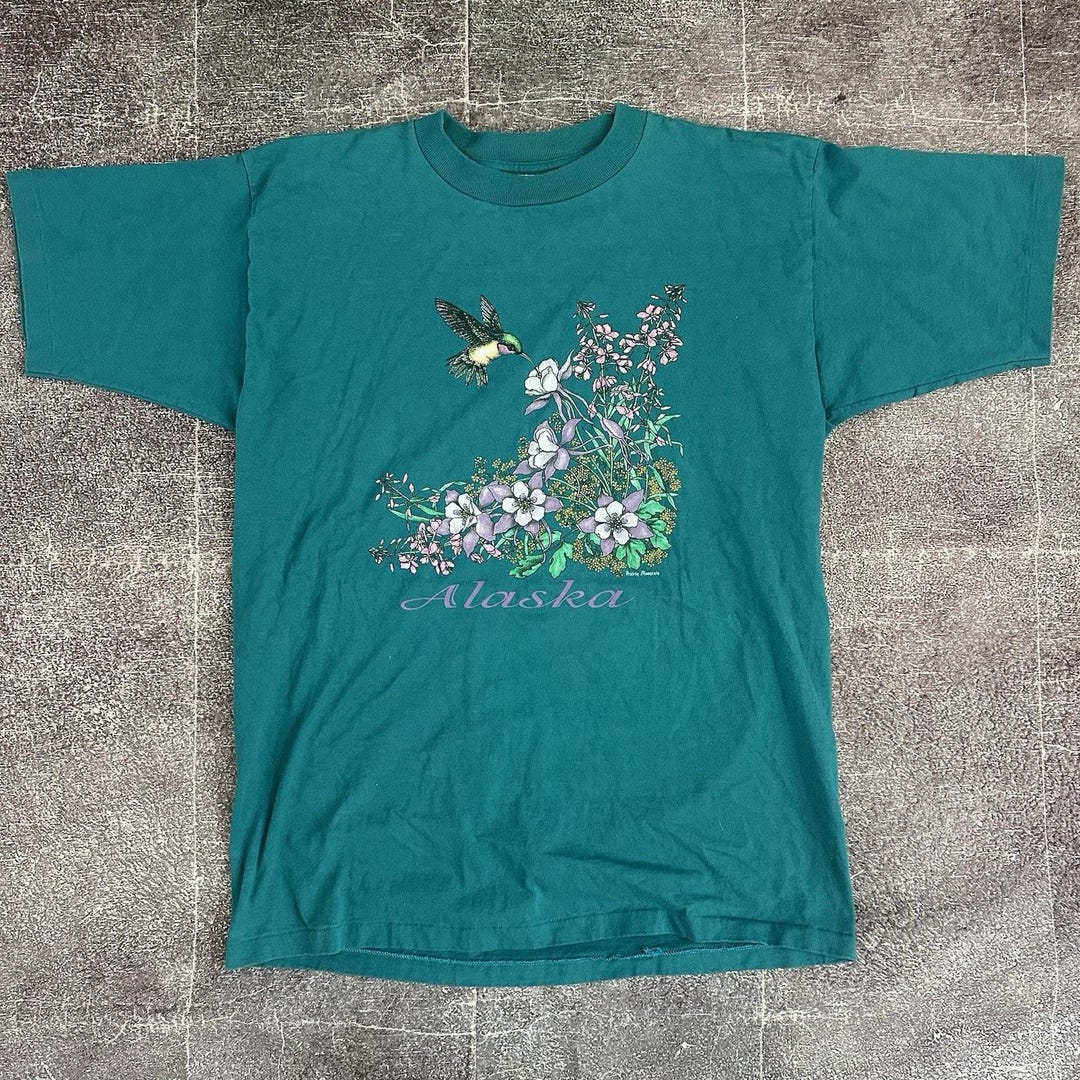 Men's Vintage 90's Prairie Mountain Alaska Columbine Flowers Blue
