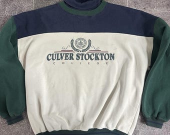 Moletom masculino vintage anos 90 Culver Stockton College branco e azul com gola redonda, tamanho G