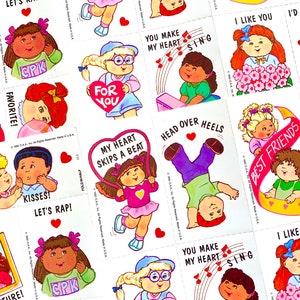 May include: A collection of vintage Cabbage Patch Kids stickers. Each sticker features a different illustration of a Cabbage Patch Kid with phrases like "I like you" and "For You". The stickers are in various colors and designs.