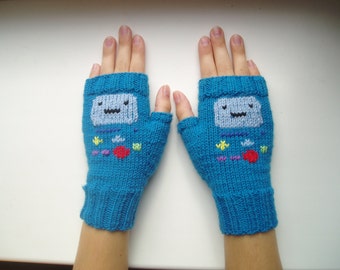 Adventure Time.BMO. Knitted mittens .Fingerless gloves.Hand knit gloves.Hand Warmers.Wool knit mittens.