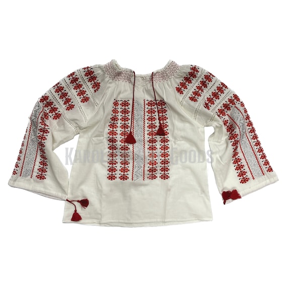 white and red peasant blouse