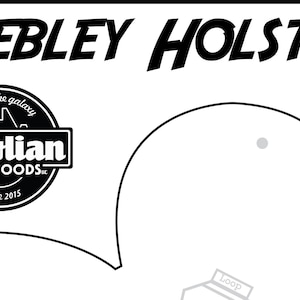 May include: Black and white line drawing of a holster for a Webley pistol. The drawing is on a white background with the text "WEBLEY HOLSTER" at the top and a logo for "Karrolian Dry Goods" below. The holster has a loop for a belt and a flap that covers the opening.
