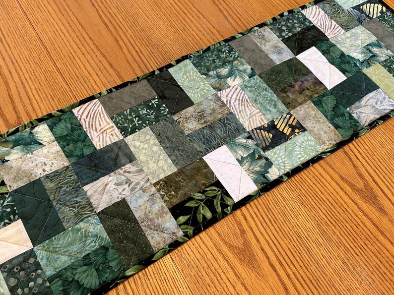 Quilted Table Runner, 12.5" x 40", Green, Handmade Custom Table Runner, Home Decor, Kitchen Decor, Housewarming Gift