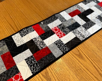 Handmade Quilted Table Runner, Black, Red, White, Table Decor Centerpiece, Home Decor, Housewarming Gift, 12" x 40"