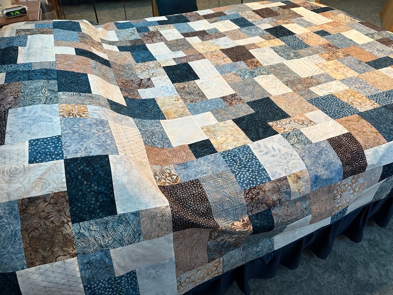 Queen Size Quilt Top, Blue Brown Batik Fabrics, 81 x 90, Unfinished Quilt Top image 8