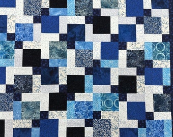 Handmade Quilt Top in Shades of Blue, 55" x 68", Ready to Finish, Quilts For Sale, Lap Quilt