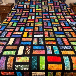 Handmade Full Size Quilt in Bold Multi-Color Batiks, 78 x 90, Homemade Quilts For Sale image 9