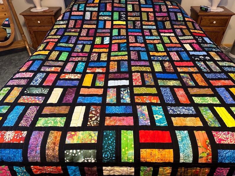 Handmade Full Size Quilt in Bold Multi-Color Batiks, 78 x 90, Homemade Quilts For Sale image 9