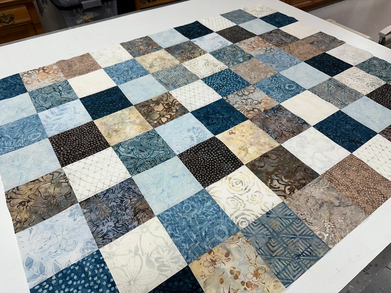 Unfinished Quilt Top in Blue and Brown Batiks, 36 x 45, Ready to Finish image 3