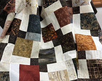 Unfinished Quilt Top in Black, Brown, & Beige, 55" x 68", Lap Quilt