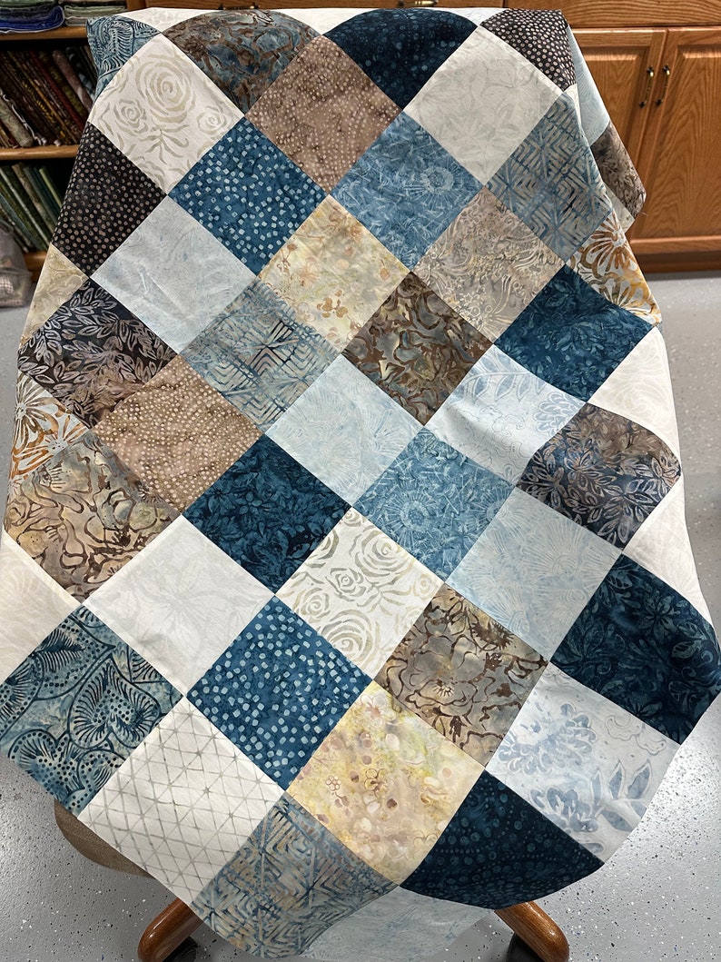 Handmade Quilt Top in Blues and Browns, 36 x 45, Ready to Finish image 10