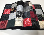 Quilted Table Runner in Blacks and Reds, Housewarming Gift, Table Decor, 12" x 39"