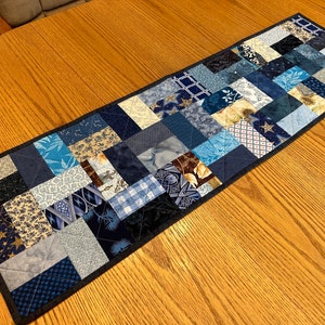 Handmade Patchwork Quilted Table Runner, 13 X 41”, Country Blues, Reversible