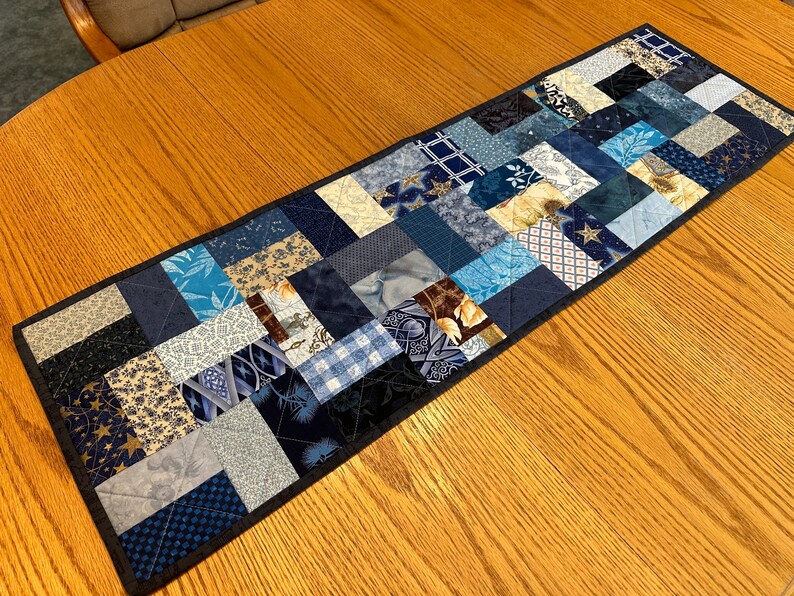 Handmade Patchwork Quilted Table Runner, 13 X 41”, Country Blues, Reversible