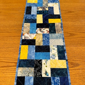 Quilted Table Runner, Blue Yellow, , 12" x 40", Handmade Custom Table Runner, Kitchen Decor, Housewarming Gift, Home Decor