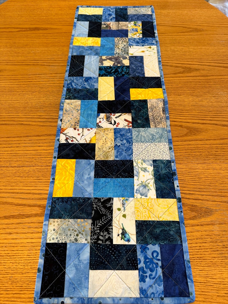 Quilted Table Runner, Blue Yellow, , 12" x 40", Handmade Custom Table Runner, Kitchen Decor, Housewarming Gift, Home Decor