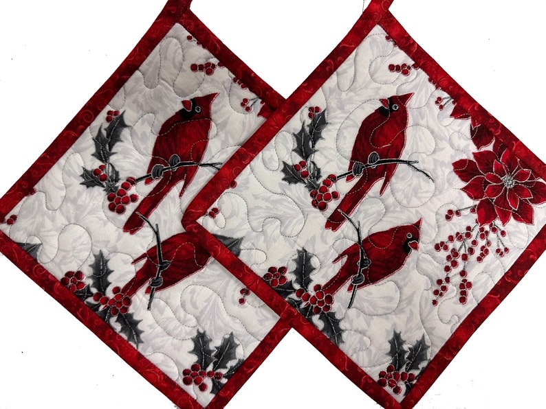 Christmas Cardinal Quilted Pot Holders, Set of 2, Handmade Pot Pads, Housewarming Gift image 1