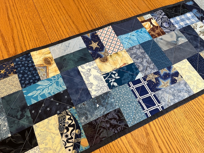 Handmade Patchwork Quilted Table Runner, 13 X 41”, Country Blues, Reversible