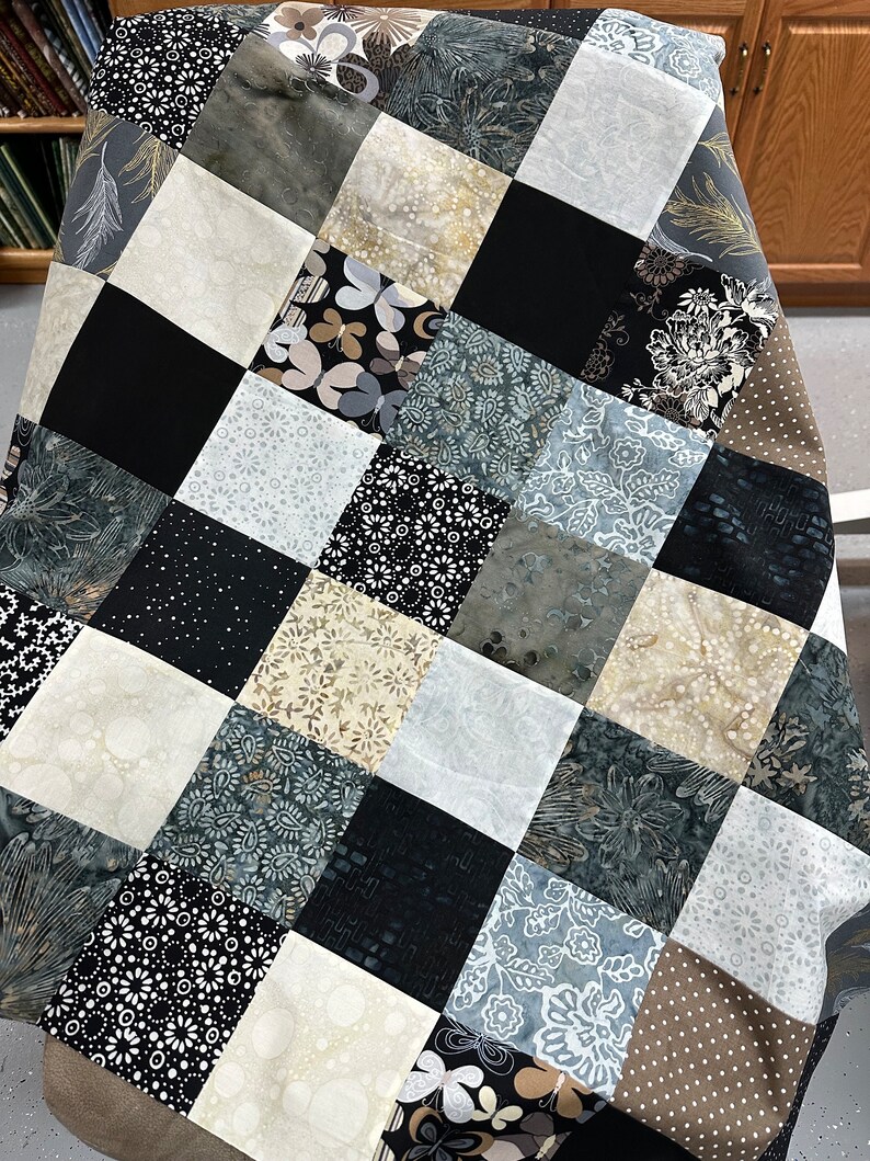 Handmade Quilt Top in Black Brown Tan, 36" x 45", Quilts for Sale, Unfinished Quilt Top