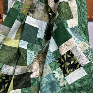 Green Patchwork Unfinished Quilt Top, 55 x 68, Lap or Throw Size image 1